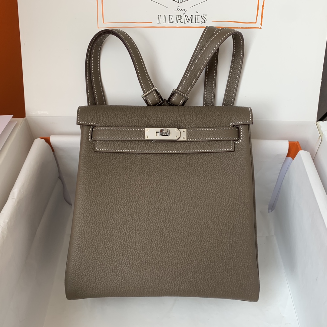 Hermes Kelly Ado Backpack In Gris Elephart Clemence Leather